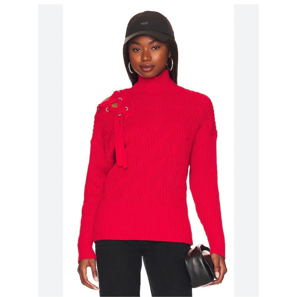 525 America Revolve Shoulder Lace Women Lipstick Red Cotton Cable Knit Sweater M